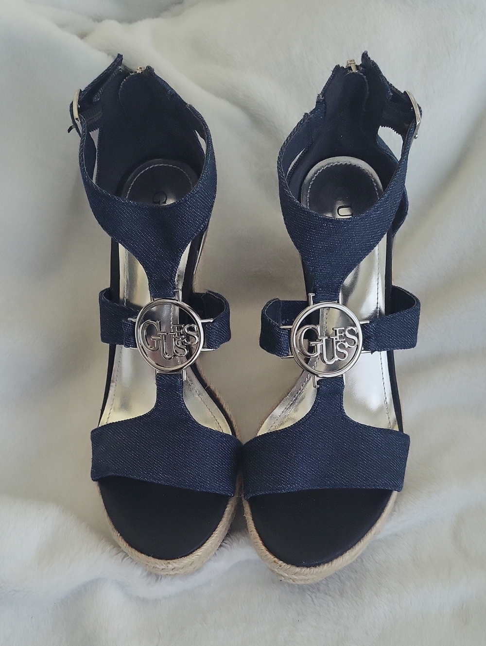GUESS Navy Espadrille T-Strap Wedge Sandals with Silver Logo SIZE 7